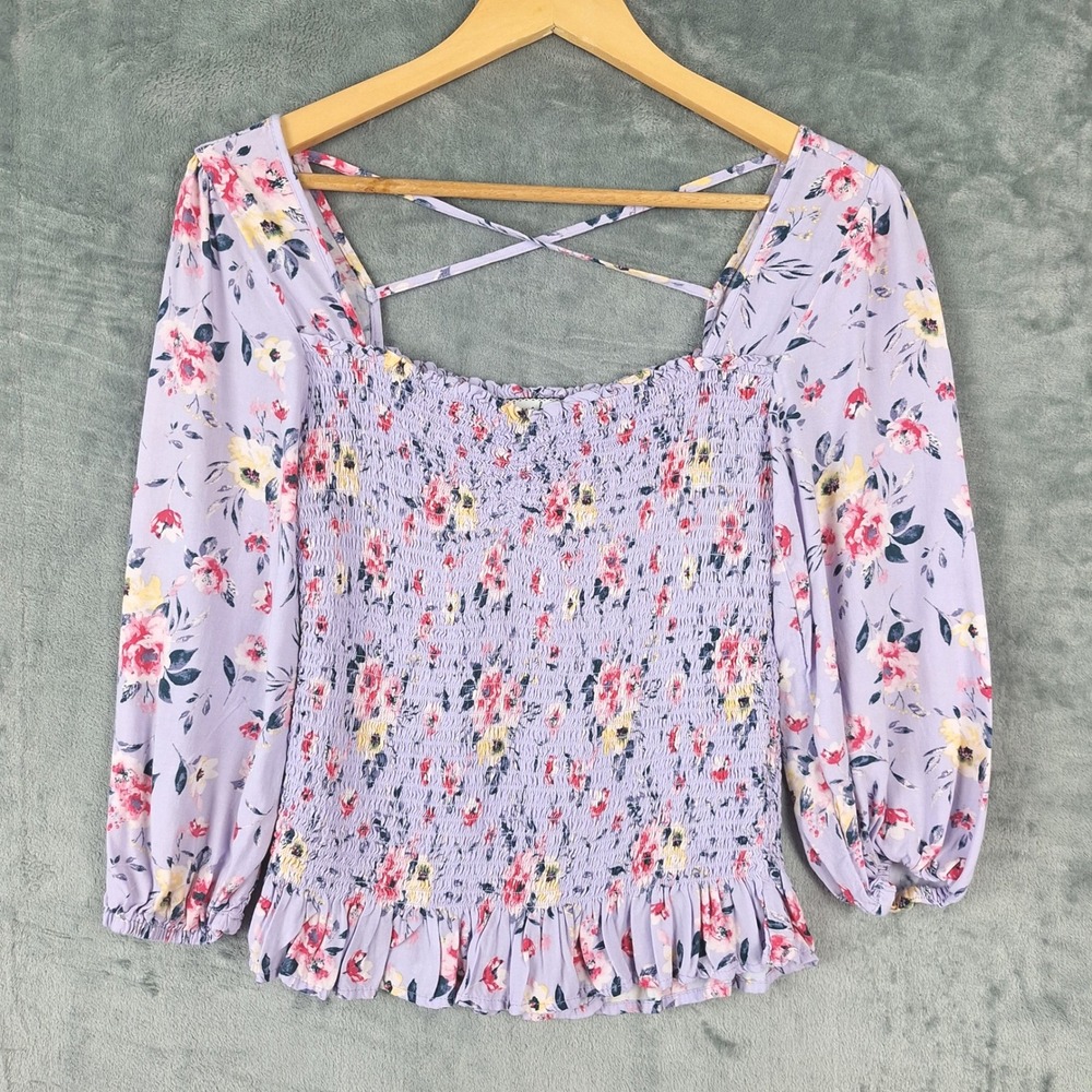 Womens Top Large‎ Purple Romantic Floral Milkmaid Smocked Ruffle Boho Peasant